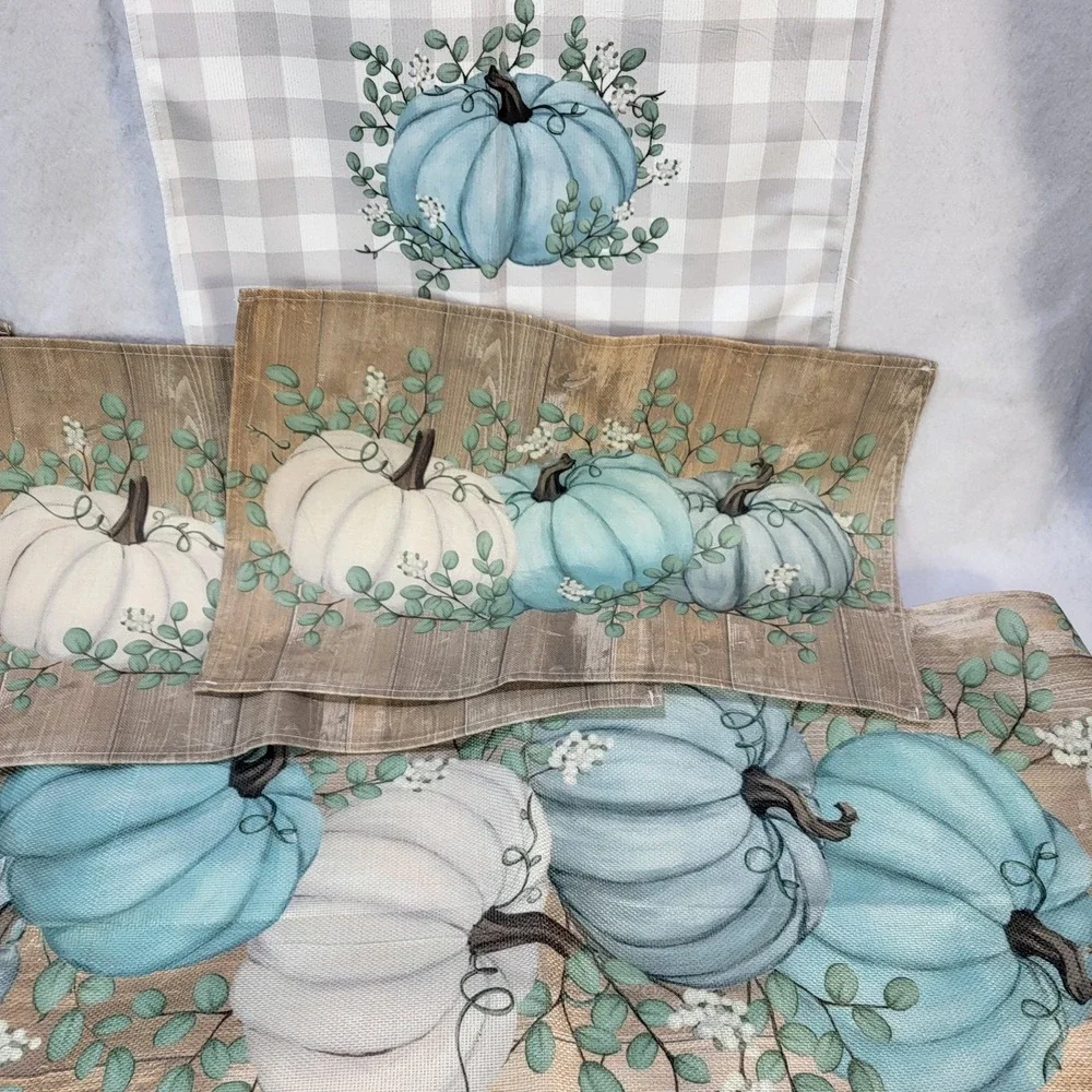 Pumpkin Kitchen Placemats Towel Set Table Runner Blue White Farmhouse Fall Decor